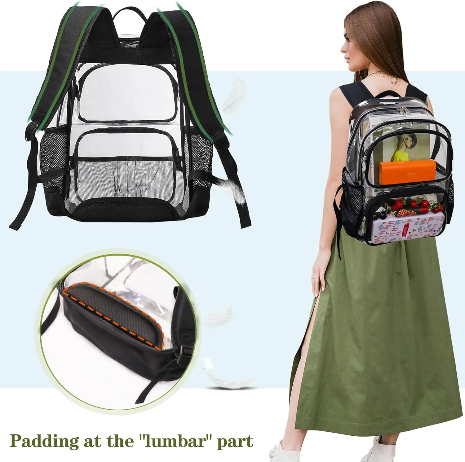 Clear Backpack Heavy Duty,17'' Transparent Bag See Through Backpack for College Work Travel Security,Black