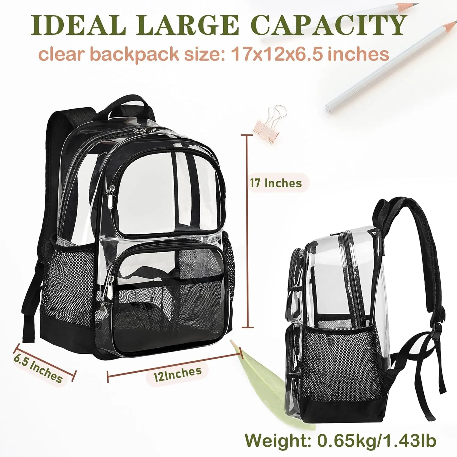 Clear Backpack Heavy Duty,17'' Transparent Bag See Through Backpack for College Work Travel Security,Black