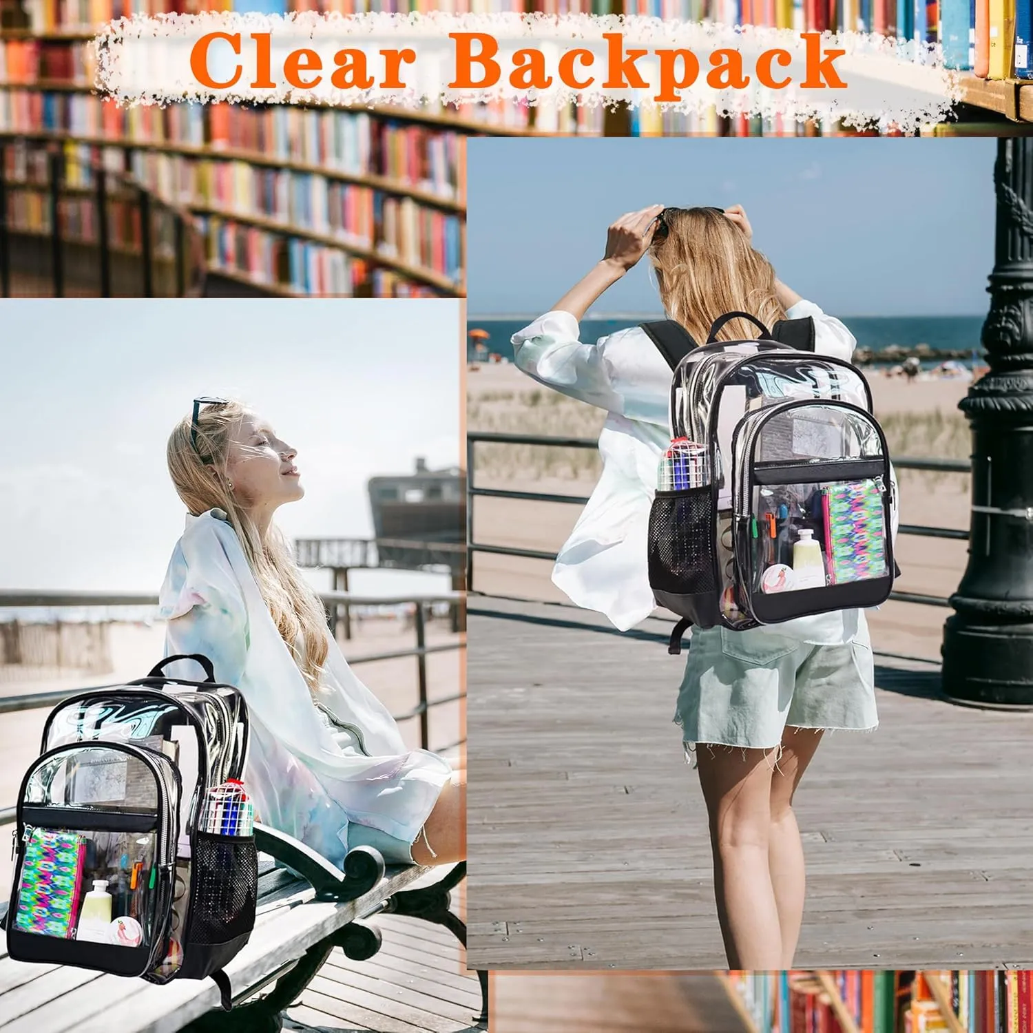 Clear Backpack,Heavy Duty Clear Bookbag See Through Backpack Large Clear Bag for School College Work Travel Security,Navy Blue