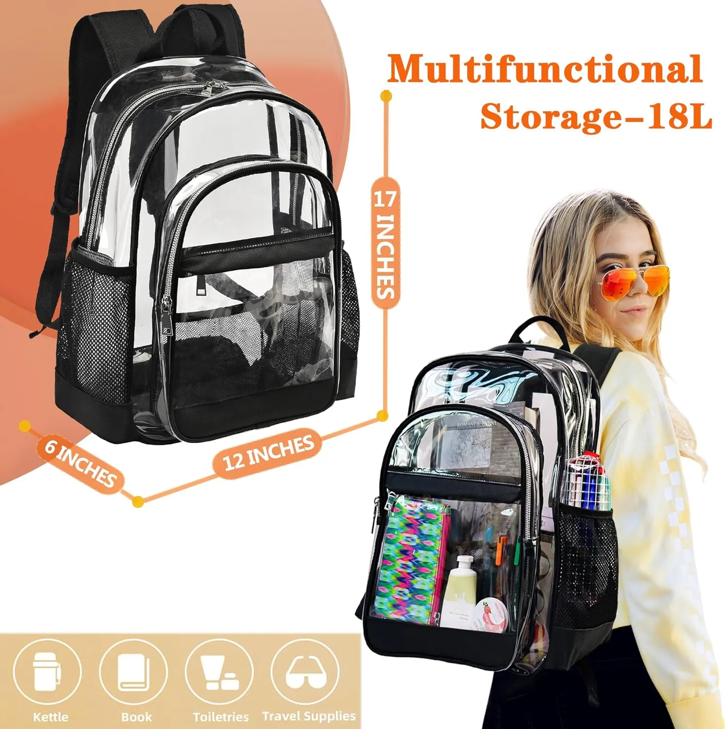 Clear Backpack,Heavy Duty Clear Bookbag See Through Backpack Large Clear Bag for School College Work Travel Security,Navy Blue
