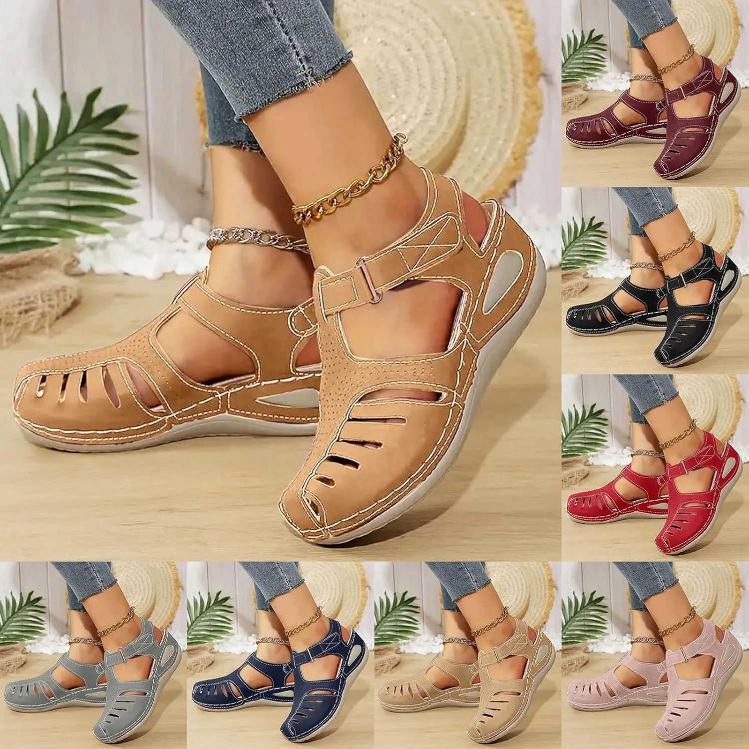 Closed Toe Sandals Women Flat Dressy Comfortable Slip On Sandals Non Slip Platform Wedge Sandals Fisherman Sandals