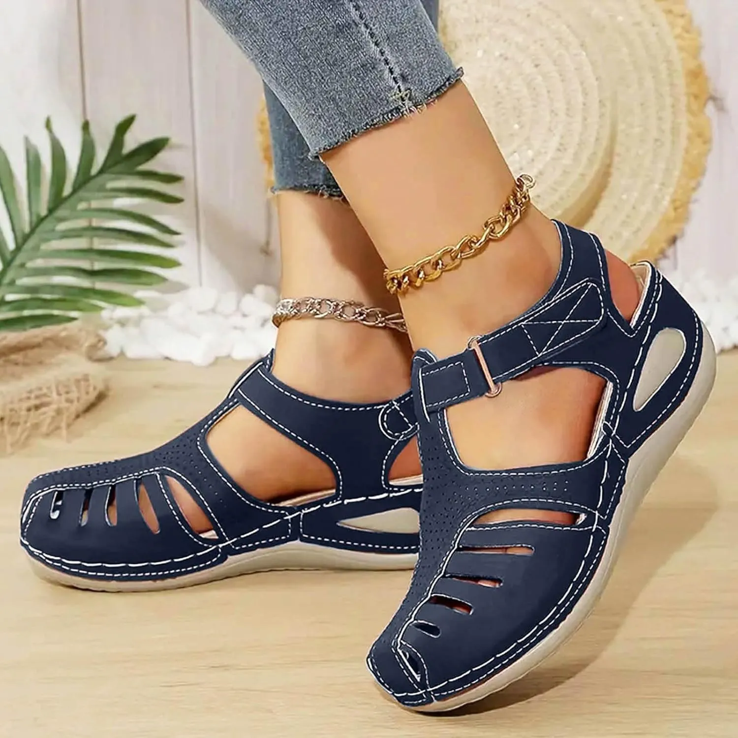 Closed Toe Sandals Women Flat Dressy Comfortable Slip On Sandals Non Slip Platform Wedge Sandals Walking Sandals