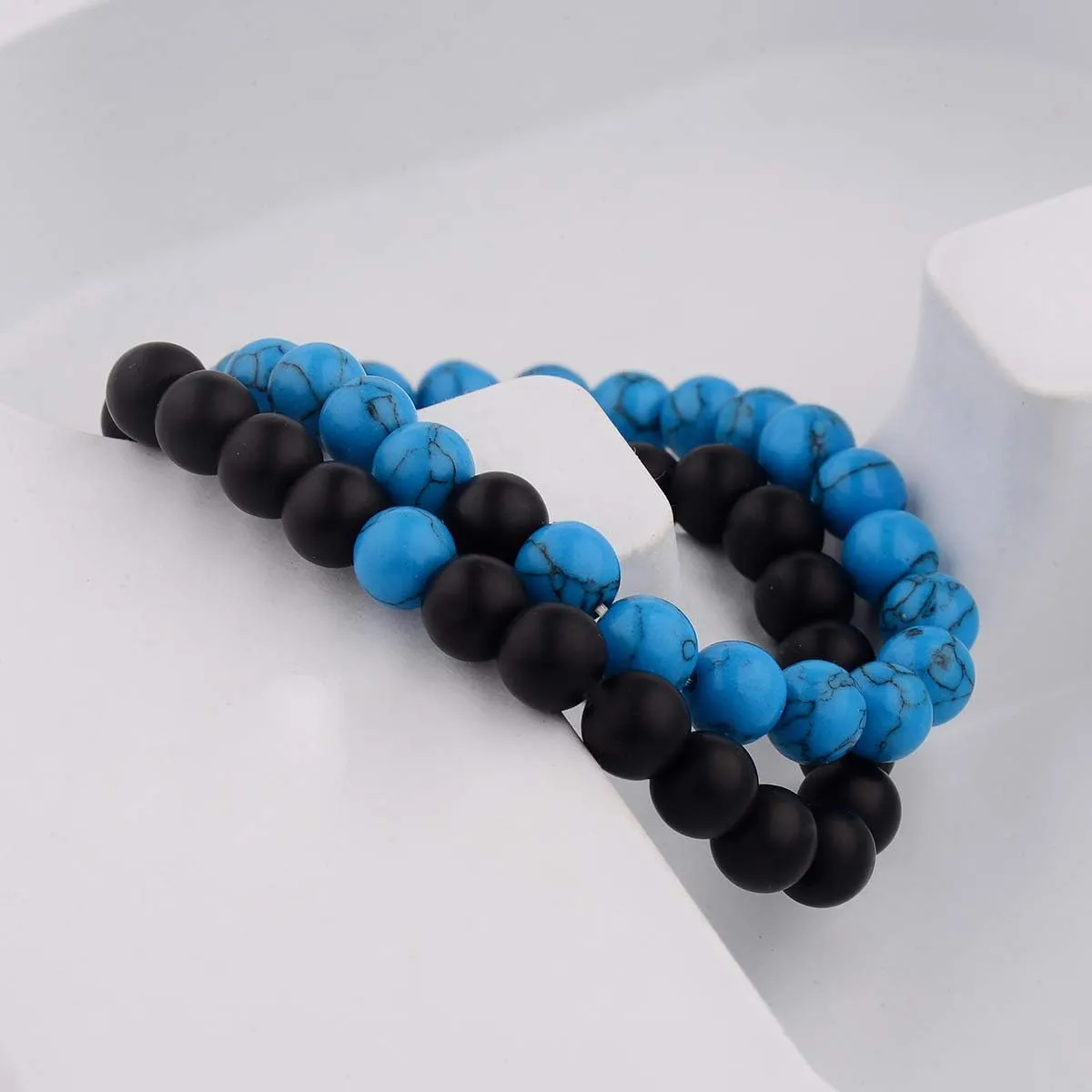 CNLQ Long Distance Bracelets For Lovers Couples Matching Gift Matte Agate 8mm Bead Stone (Elastic Red)
