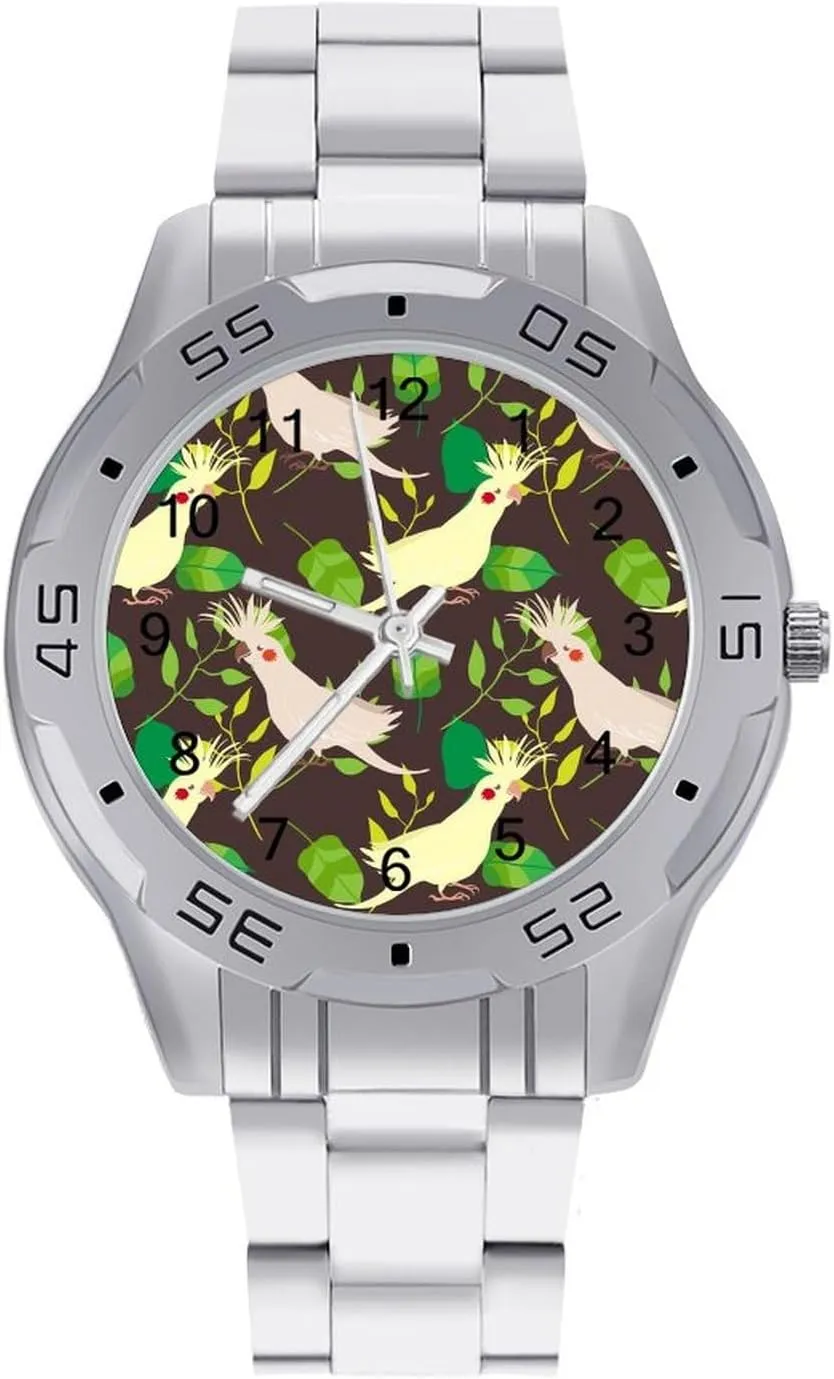 Cockatoo Birds and Leafs Classic Wrist Watches for Men Casual Business Dress Watch with Stainless Steel Band Work Party