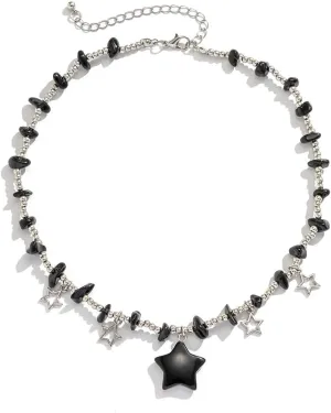 COLORFUL BLING Healing Crystal Star Pendant Necklace Beaded Y2K Choker Necklace for Women Cool Punk Layered Irregular Natural Stone Turquoise Pentagram Necklace Gifts