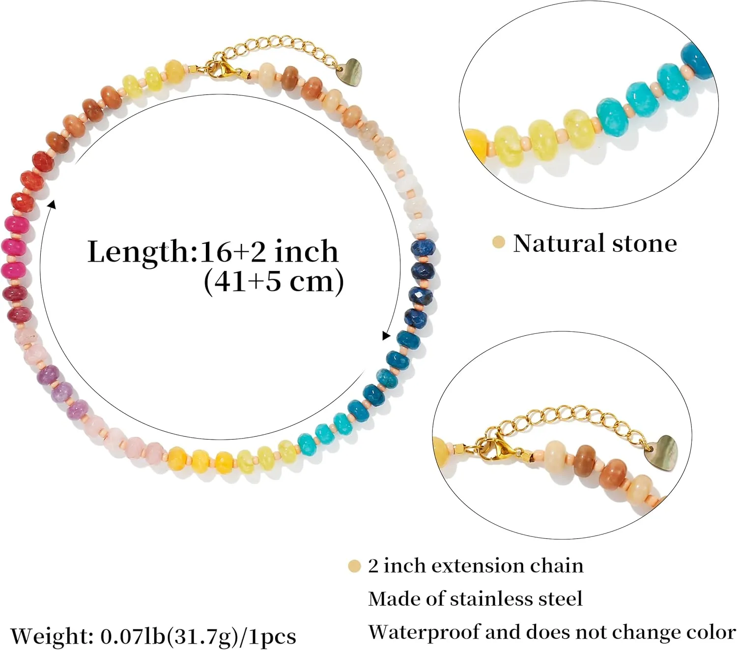 Colorful Gemstone Beaded Necklaces For Women Trendy Rainbow Natural Stone Boho Handmade Stainless Steel Waterproof Strand Necklaces Jewelry For Women Gift