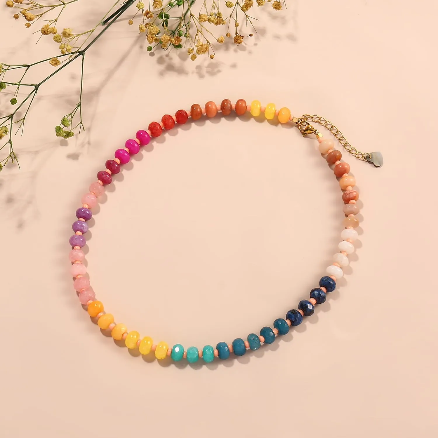 Colorful Gemstone Beaded Necklaces For Women Trendy Rainbow Natural Stone Boho Handmade Stainless Steel Waterproof Strand Necklaces Jewelry For Women Gift