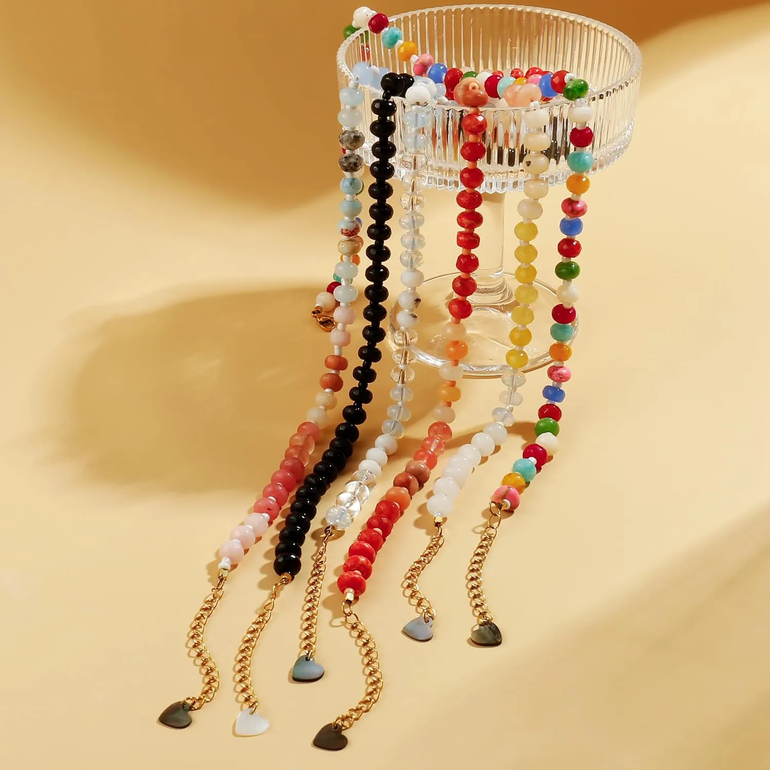 Colorful Gemstone Beaded Necklaces For Women Trendy Rainbow Natural Stone Boho Handmade Stainless Steel Waterproof Strand Necklaces Jewelry For Women Gift
