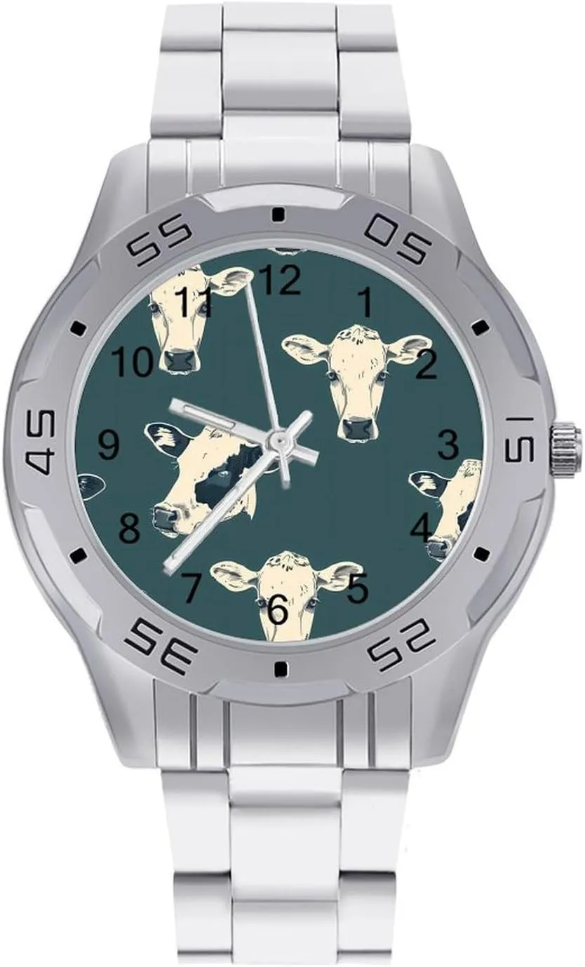 Cool Cattle Cow Classic Wrist Watches for Men Casual Business Dress Watch with Stainless Steel Band Work Party
