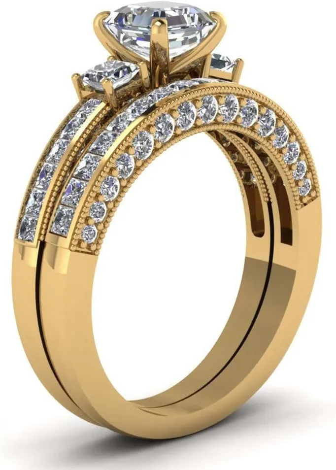 Couple Ring Bridal Set His And Hers Women 10k Yellow Gold Filled Square CZ Men Stainless Steel Band Wedding Ring Band Set