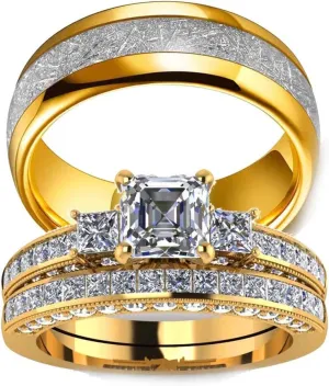 Couple Ring Bridal Set His And Hers Women 10k Yellow Gold Filled Square CZ Men Stainless Steel Band Wedding Ring Band Set