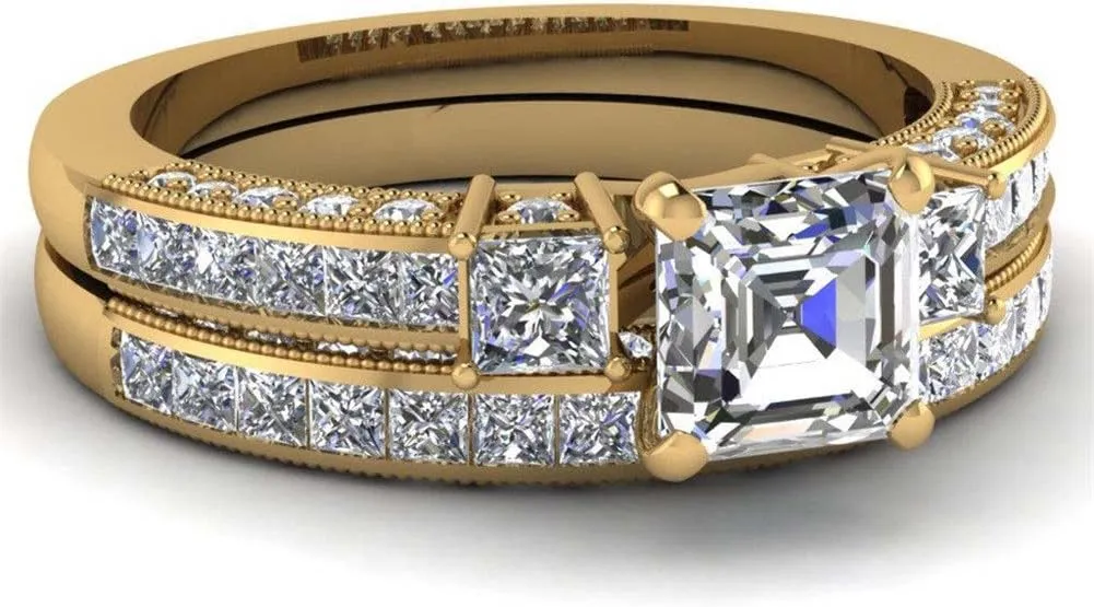 Couple Ring Bridal Set His And Hers Women 10k Yellow Gold Filled Square CZ Men Stainless Steel Band Wedding Ring Band Set