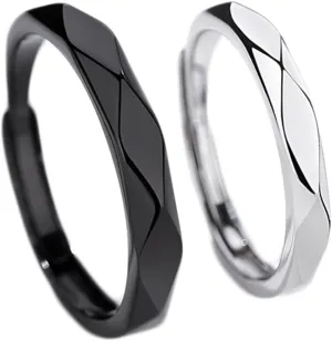 Couples Rings Customized Couple Rings for Men and Women,Adjustable Sterling Silver Rings Couple,Round with Rhombus Rings Silver Black