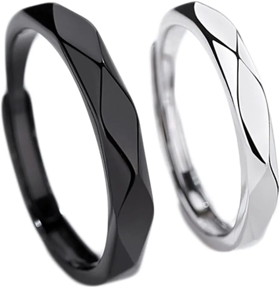 Couples Rings Customized Couple Rings for Men and Women,Adjustable Sterling Silver Rings Couple,Round with Rhombus Rings Silver Black