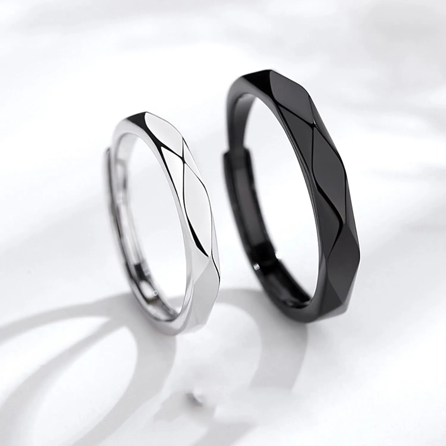 Couples Rings Customized Couple Rings for Men and Women,Adjustable Sterling Silver Rings Couple,Round with Rhombus Rings Silver Black