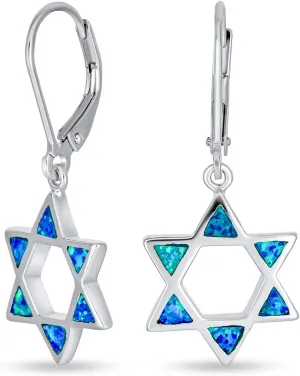 Created Blue Opal Religious Judaica Menorah & Hanukkah Star Of David Leverback Dangle Earrings For Women Teens Bat Mitzvah .925 Sterling Silver