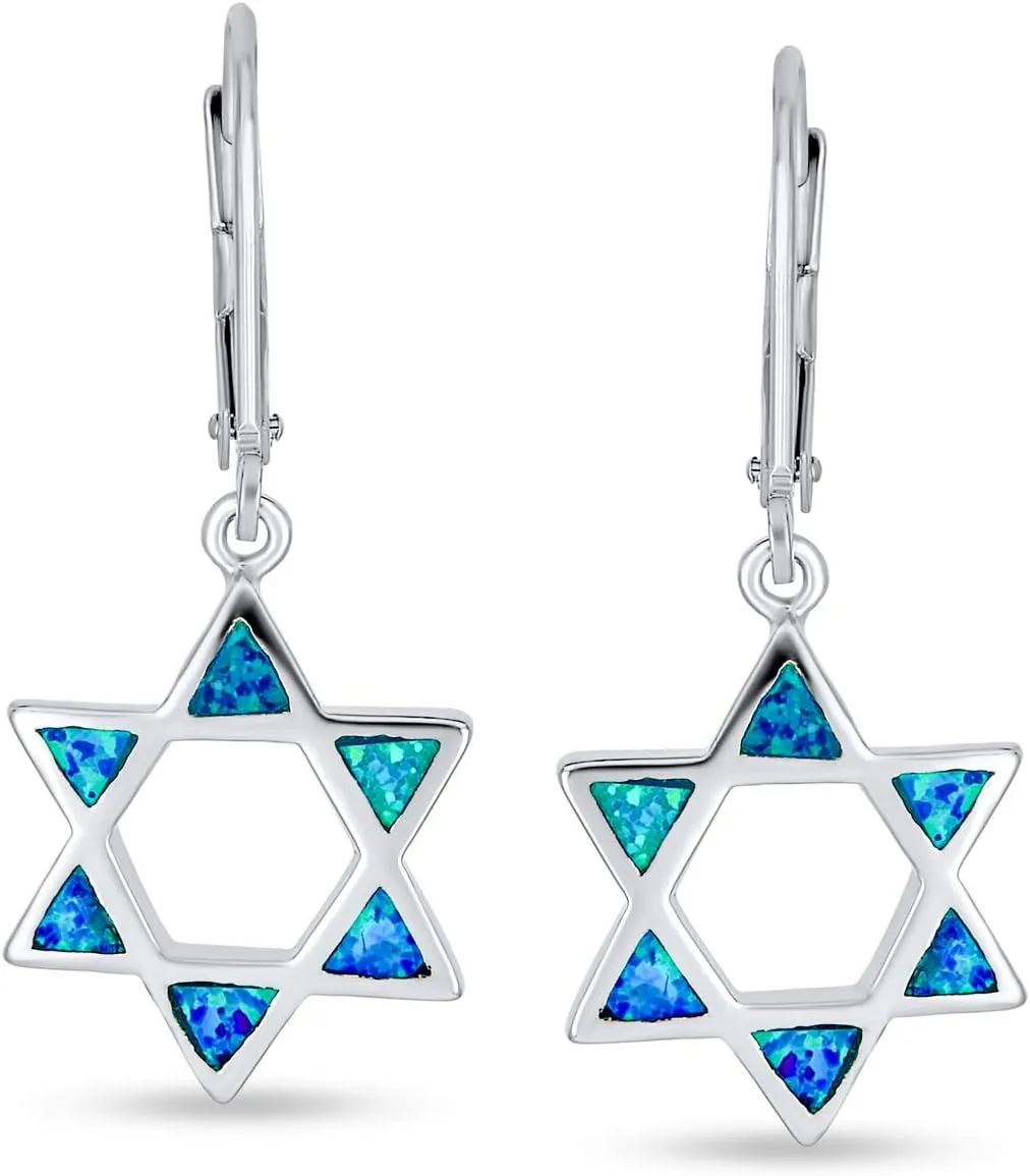 Created Blue Opal Religious Judaica Menorah & Hanukkah Star Of David Leverback Dangle Earrings For Women Teens Bat Mitzvah .925 Sterling Silver