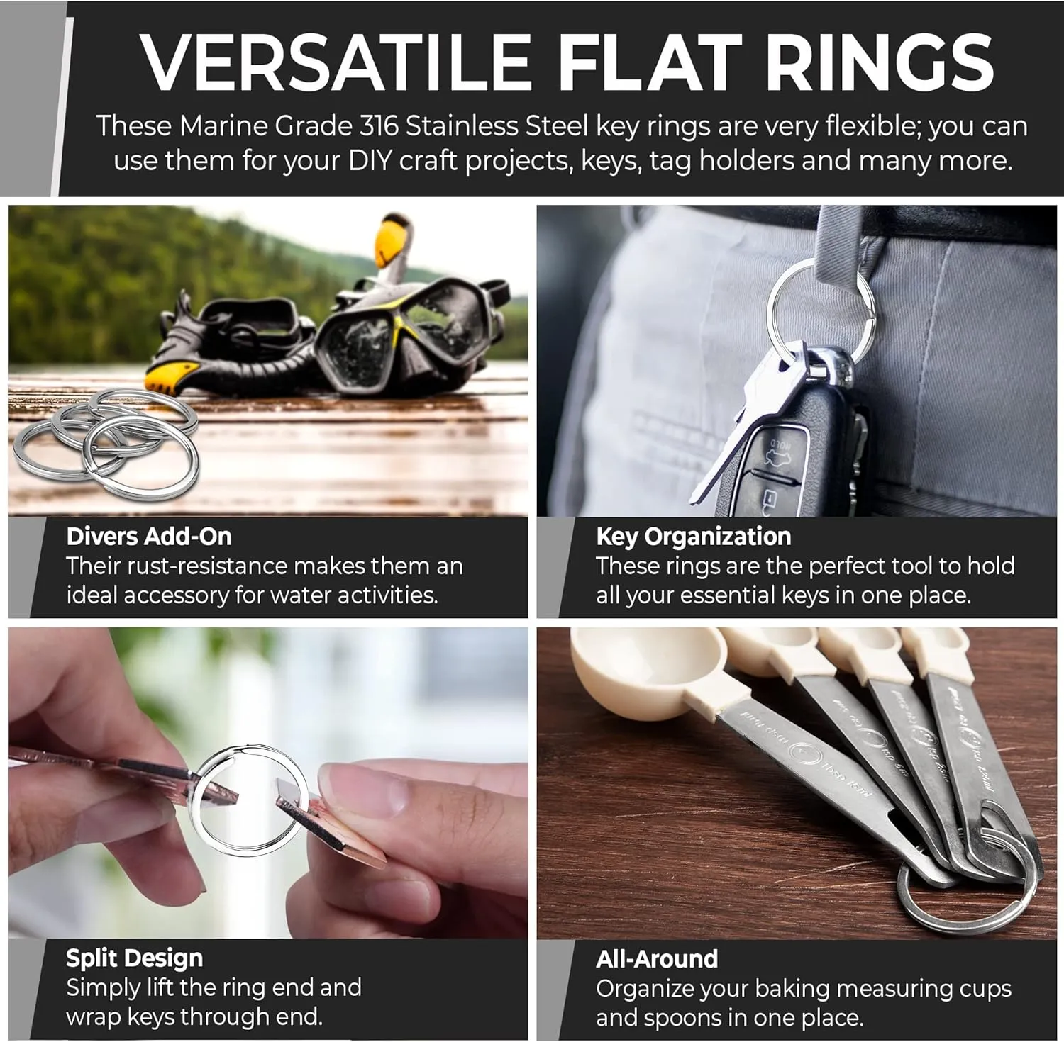 Crest 50 pcs Marine Grade Stainless Steel Split Ring for Keychains 1 inch 25mm SS316L Key Rings for Car Keys
