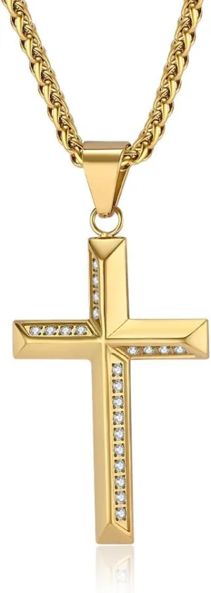 Cross Necklace for Men Stainless Steel Christian Cross Pendant Necklaces Cubic Zirconia Men's Cross Necklaces Jewelry for Father Dad Husband Son