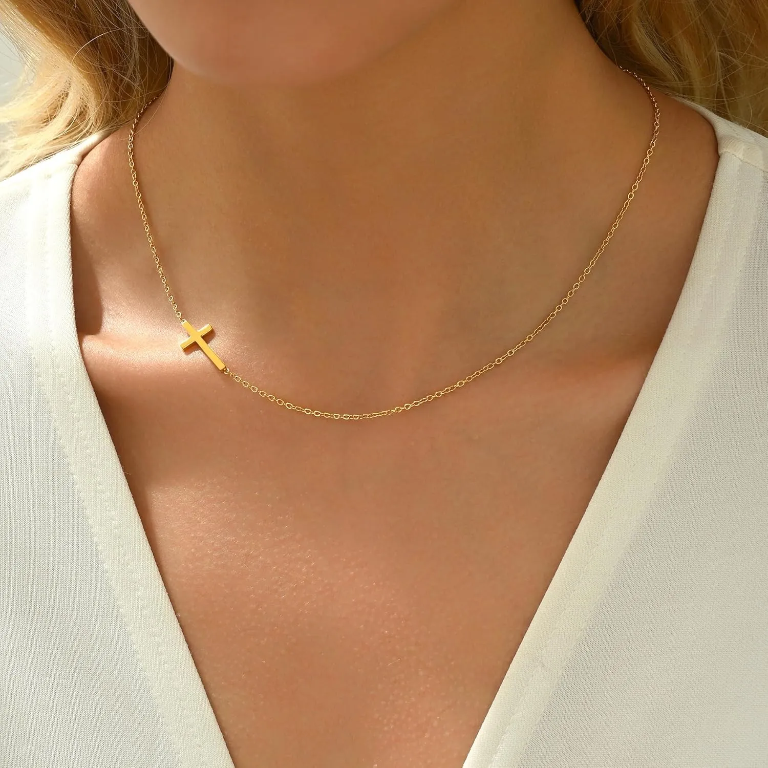 Cross Necklace for Women 18K Gold Plated Dainty Tiny Sideways Cross Choker Necklace Adjustable Stainless Steel Trendy Faith Jewelry