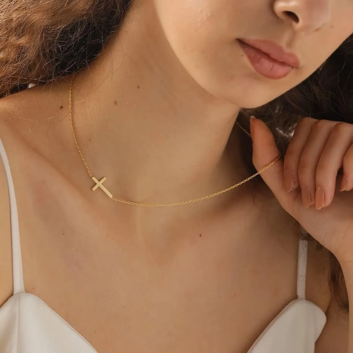 Cross Necklace for Women 18K Gold Plated Dainty Tiny Sideways Cross Choker Necklace Adjustable Stainless Steel Trendy Faith Jewelry