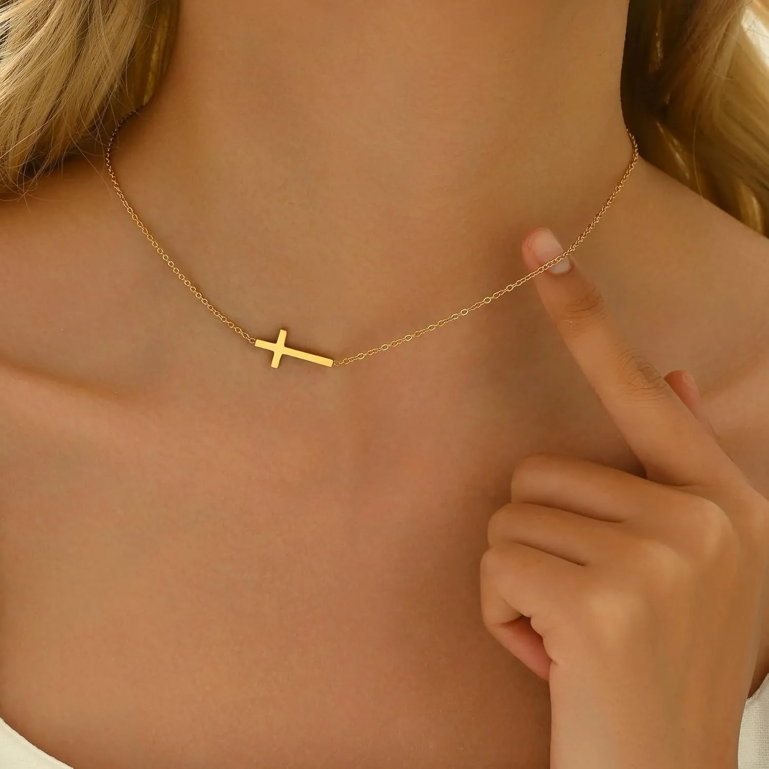 Cross Necklace for Women 18K Gold Plated Dainty Tiny Sideways Cross Choker Necklace Adjustable Stainless Steel Trendy Faith Jewelry