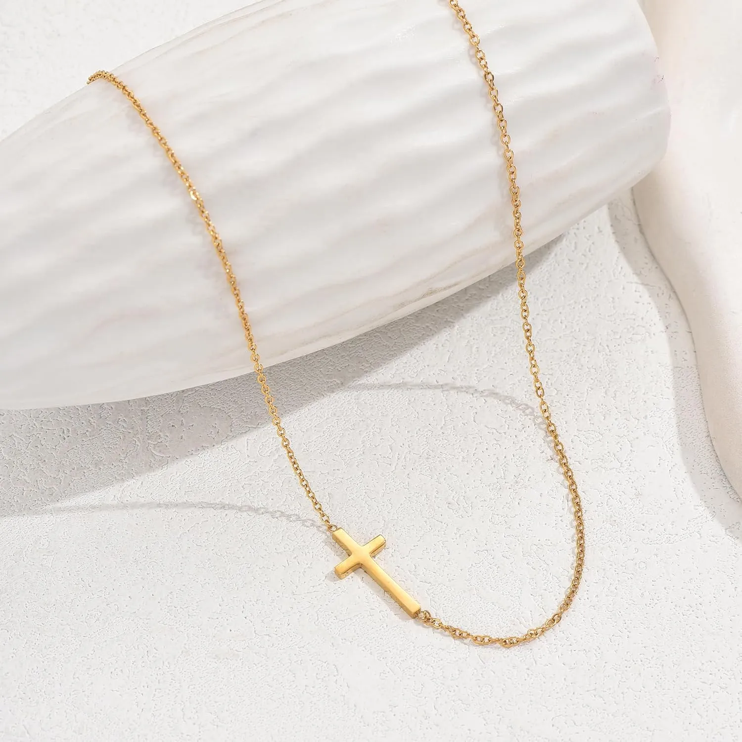 Cross Necklace for Women 18K Gold Plated Dainty Tiny Sideways Cross Choker Necklace Adjustable Stainless Steel Trendy Faith Jewelry