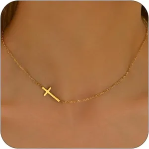 Cross Necklace for Women 18K Gold Plated Dainty Tiny Sideways Cross Choker Necklace Adjustable Stainless Steel Trendy Faith Jewelry