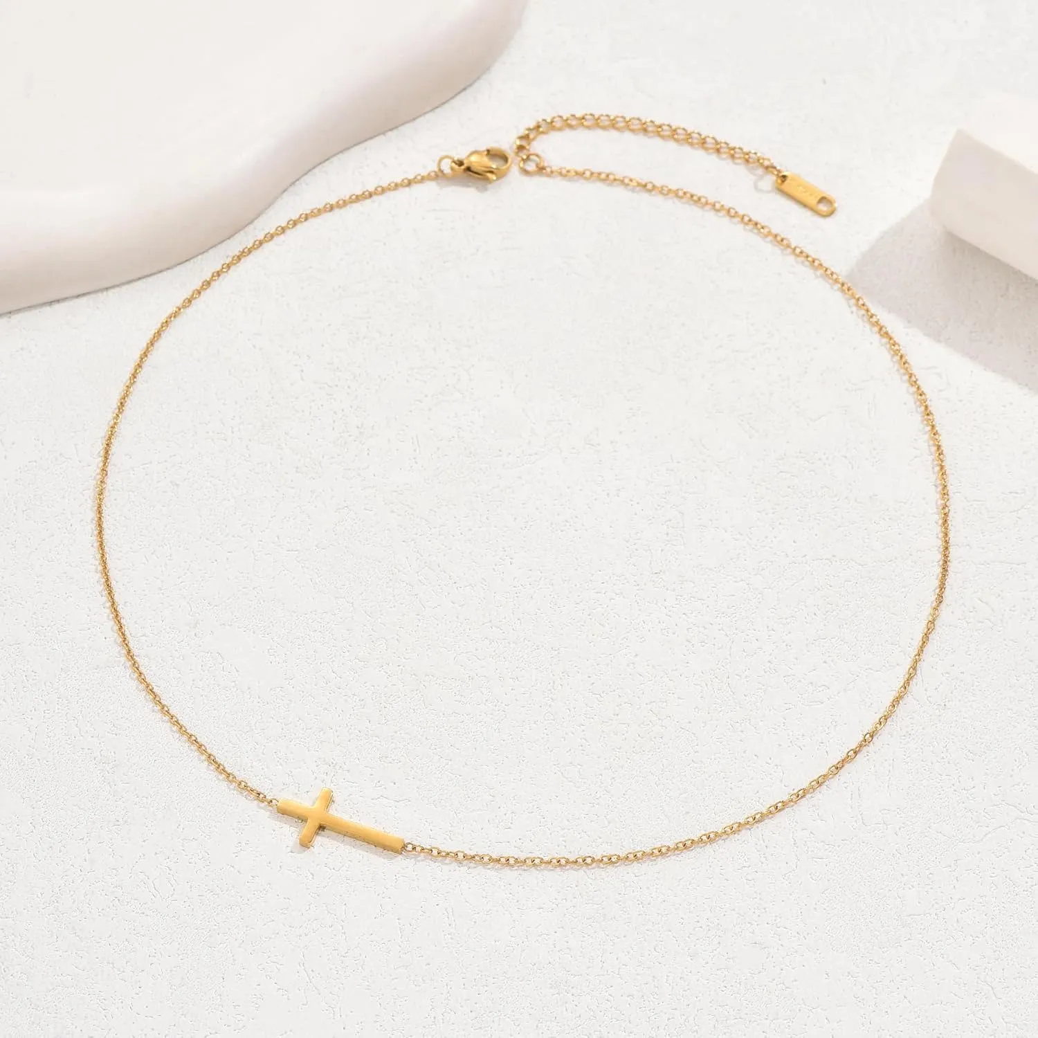 Cross Necklace for Women 18K Gold Plated Dainty Tiny Sideways Cross Choker Necklace Adjustable Stainless Steel Trendy Faith Jewelry