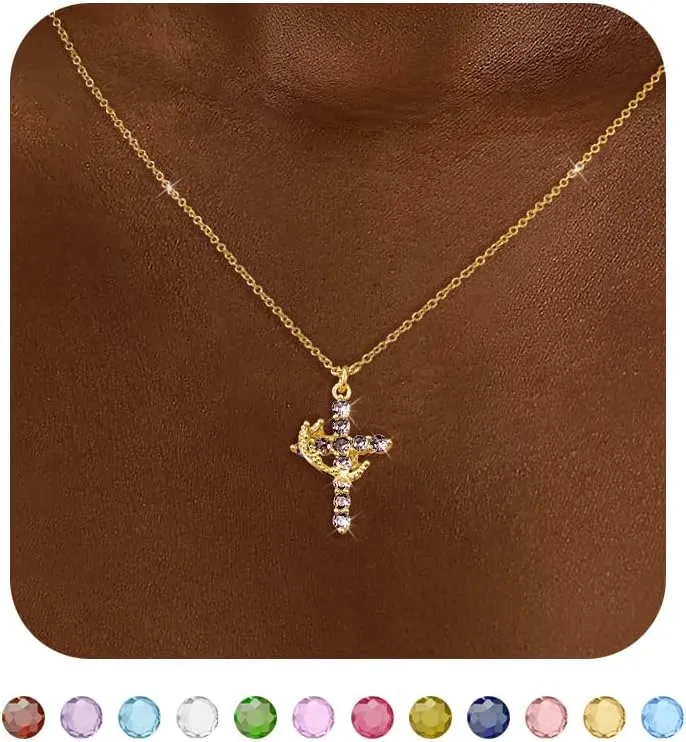 Cross Necklace for Women, Dainty Cross Necklace with Crown Trendy 14K Gold Plated Cubic Zirconia Pendant Necklaces Simple Cute Necklaces Women Jewelry
