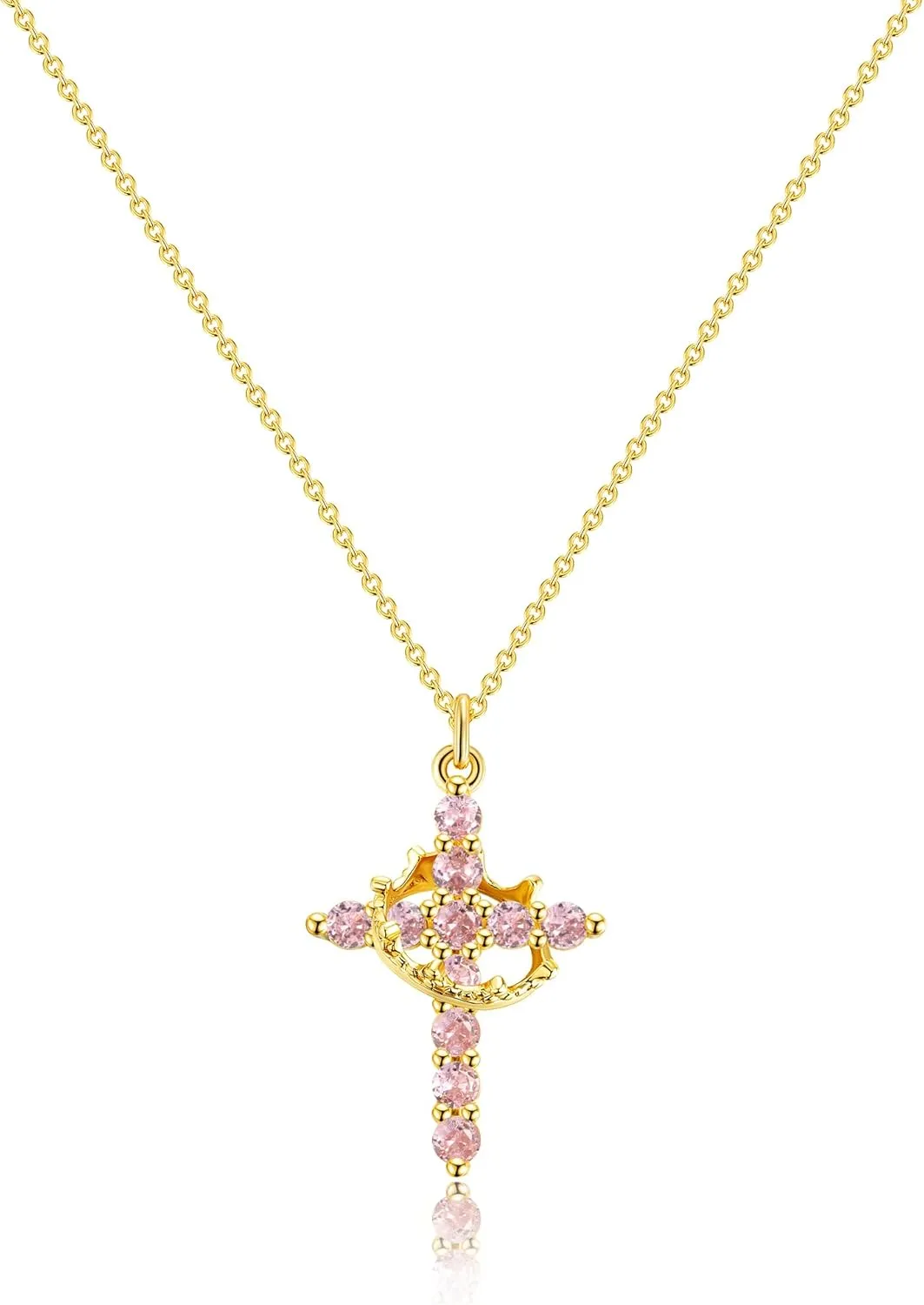 Cross Necklace for Women, Dainty Cross Necklace with Crown Trendy 14K Gold Plated Cubic Zirconia Pendant Necklaces Simple Cute Necklaces Women Jewelry