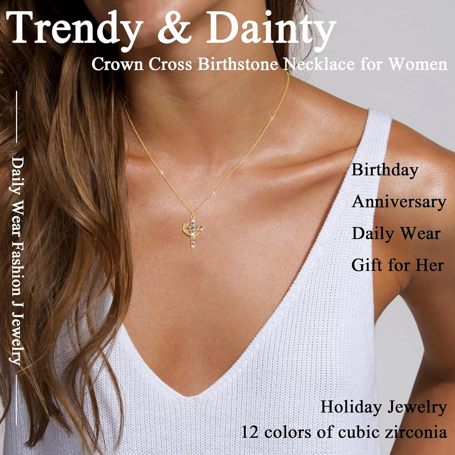 Cross Necklace for Women, Dainty Cross Necklace with Crown Trendy 14K Gold Plated Cubic Zirconia Pendant Necklaces Simple Cute Necklaces Women Jewelry