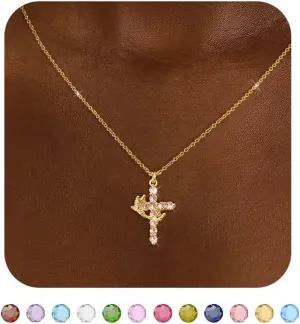 Cross Necklace for Women, Dainty Cross Necklace with Crown Trendy 14K Gold Plated Cubic Zirconia Pendant Necklaces Simple Cute Necklaces Women Jewelry