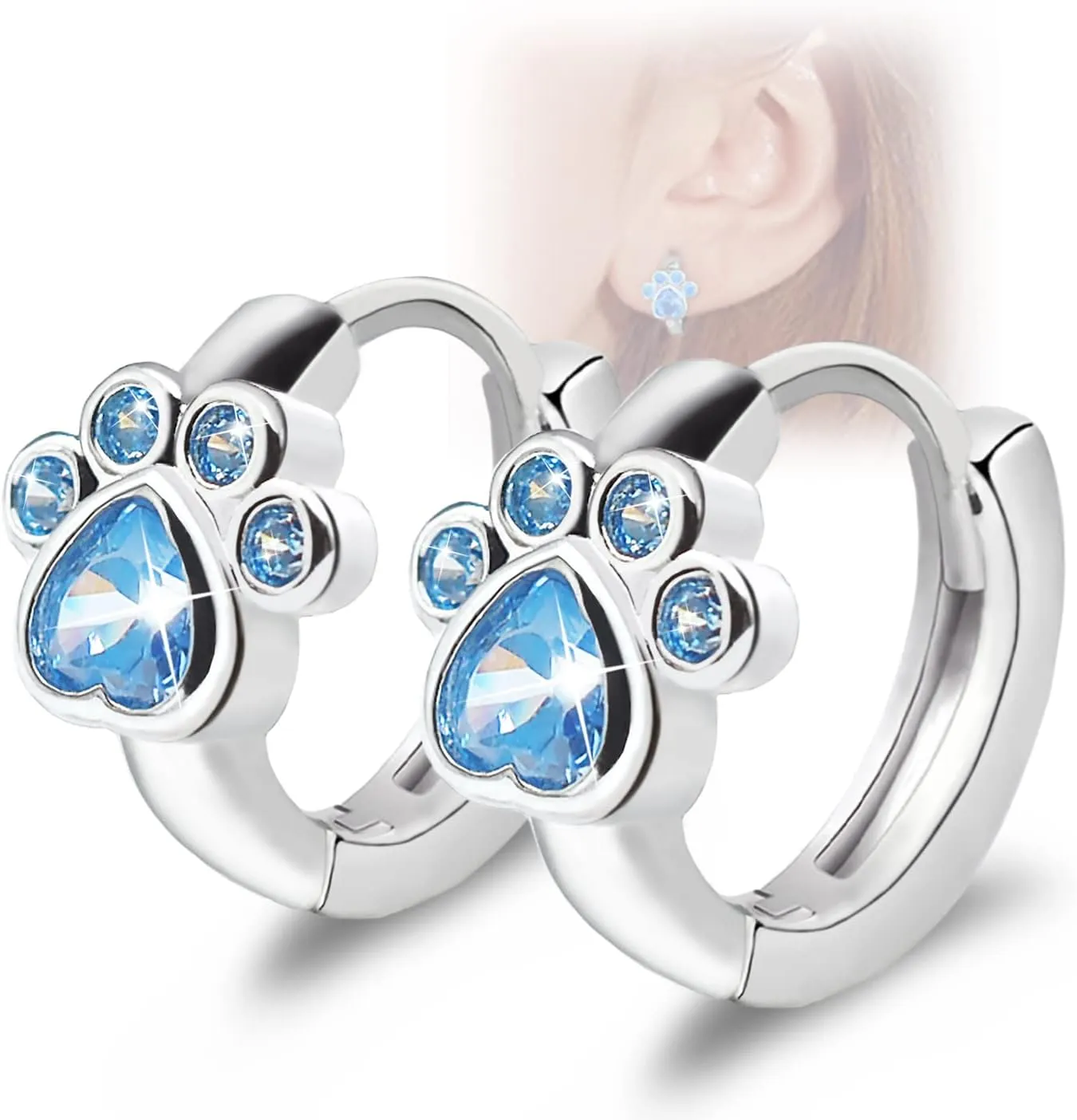 Cubic Zirconia Small Hoop Earrings - CZ Cat Dog Paw Print Hoop Huggies Earrings Sterling Silver Hypoallergenic Cute Cartilage Earrings for Women Girls Teens