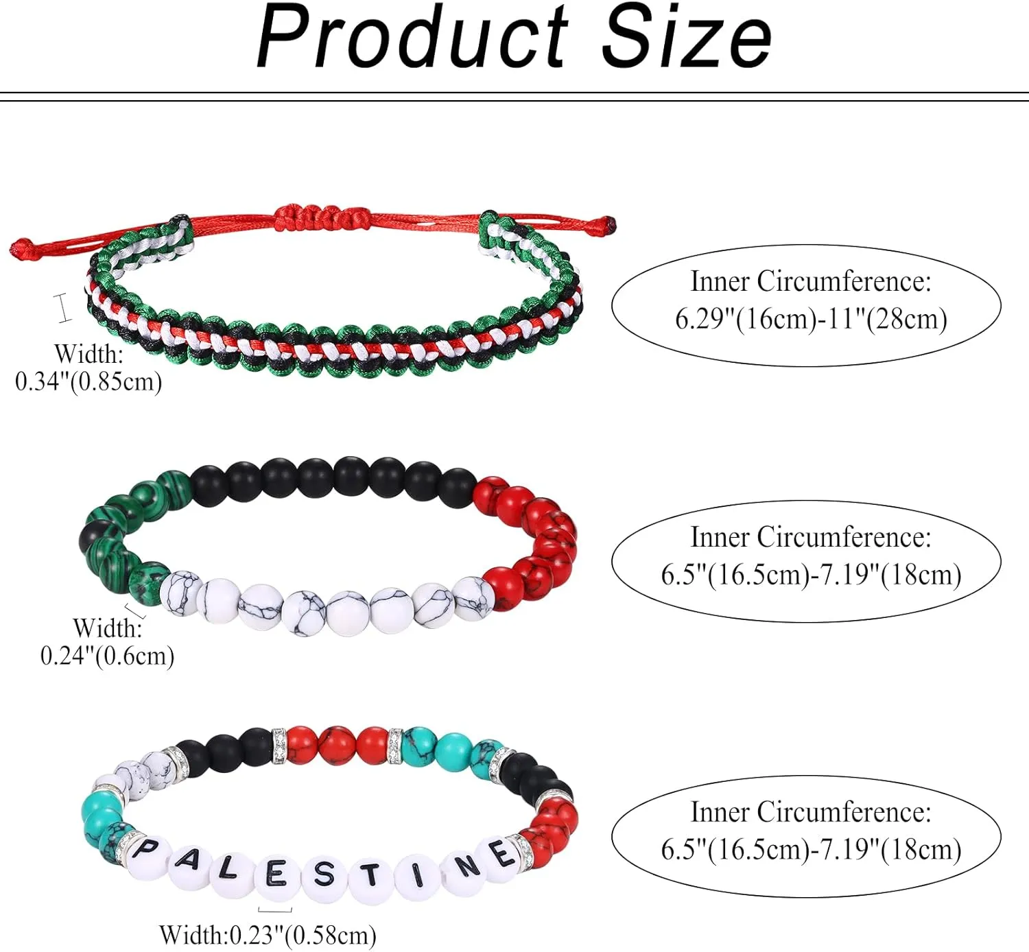 Cupimatch Palestine Flag Freedom Bracelets: Handwoven Beaded Friendship Bracelets Set with Infinite Symbol Bohemian Style 3 pack Adjustable Bracelets with Card