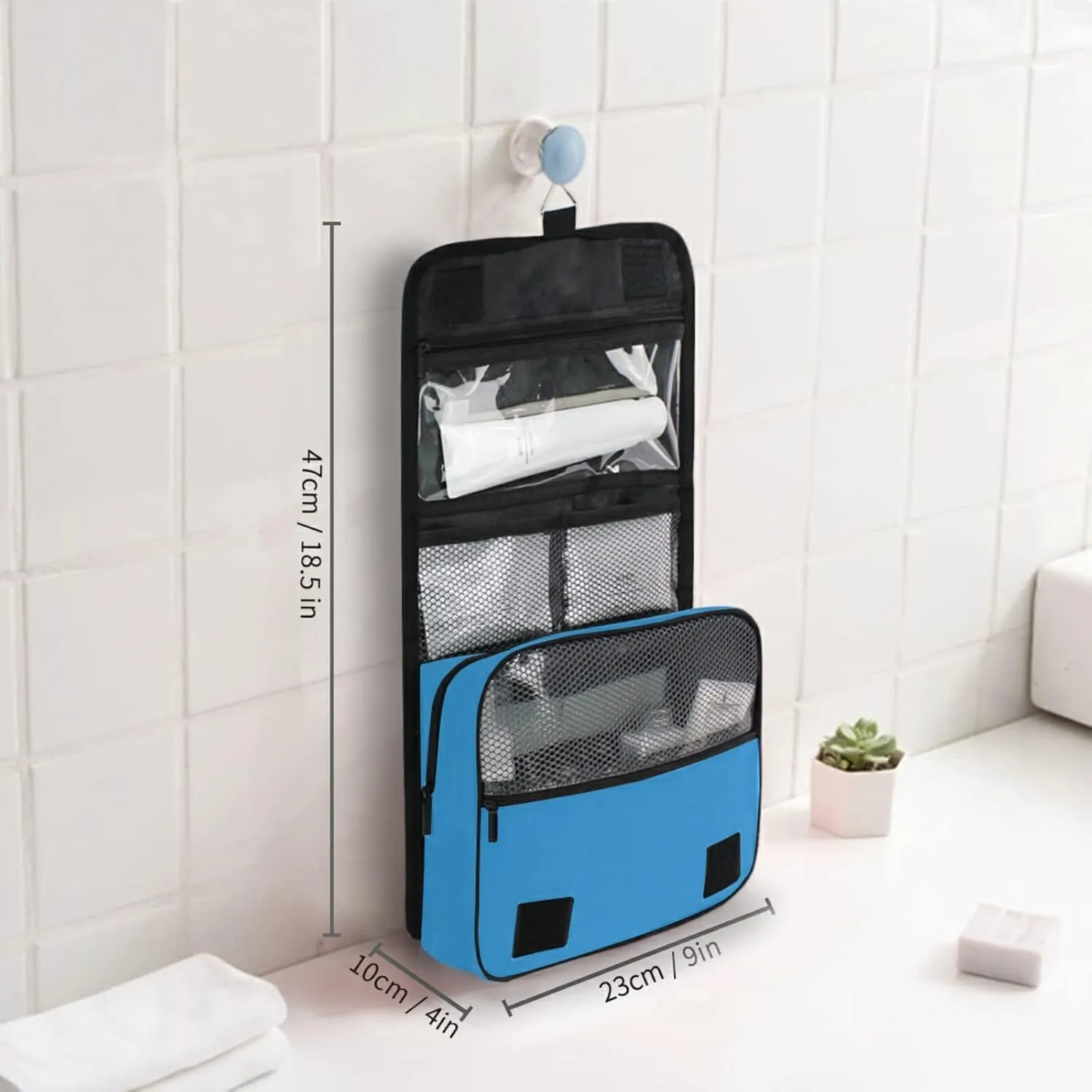 Custom Blue Travel Hanging Toiletry Bag Personalized Makeup Large Customized Cosmetic Bag Travel Makeup Case Waterproof for Accessories Shampoo Cosmetics