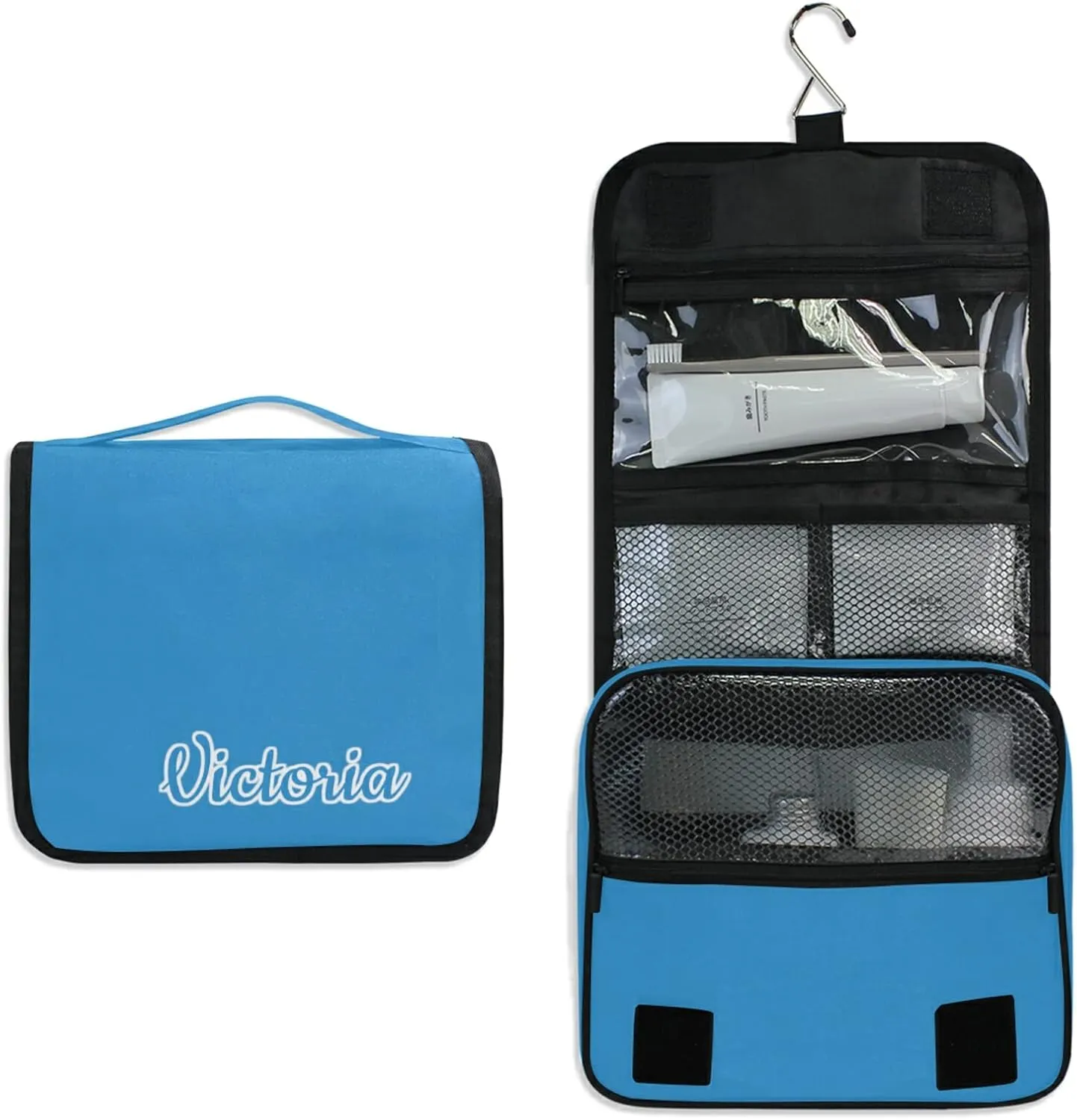 Custom Blue Travel Hanging Toiletry Bag Personalized Makeup Large Customized Cosmetic Bag Travel Makeup Case Waterproof for Accessories Shampoo Cosmetics