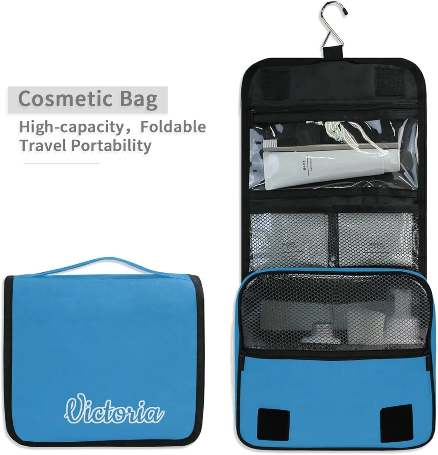 Custom Blue Travel Hanging Toiletry Bag Personalized Makeup Large Customized Cosmetic Bag Travel Makeup Case Waterproof for Accessories Shampoo Cosmetics