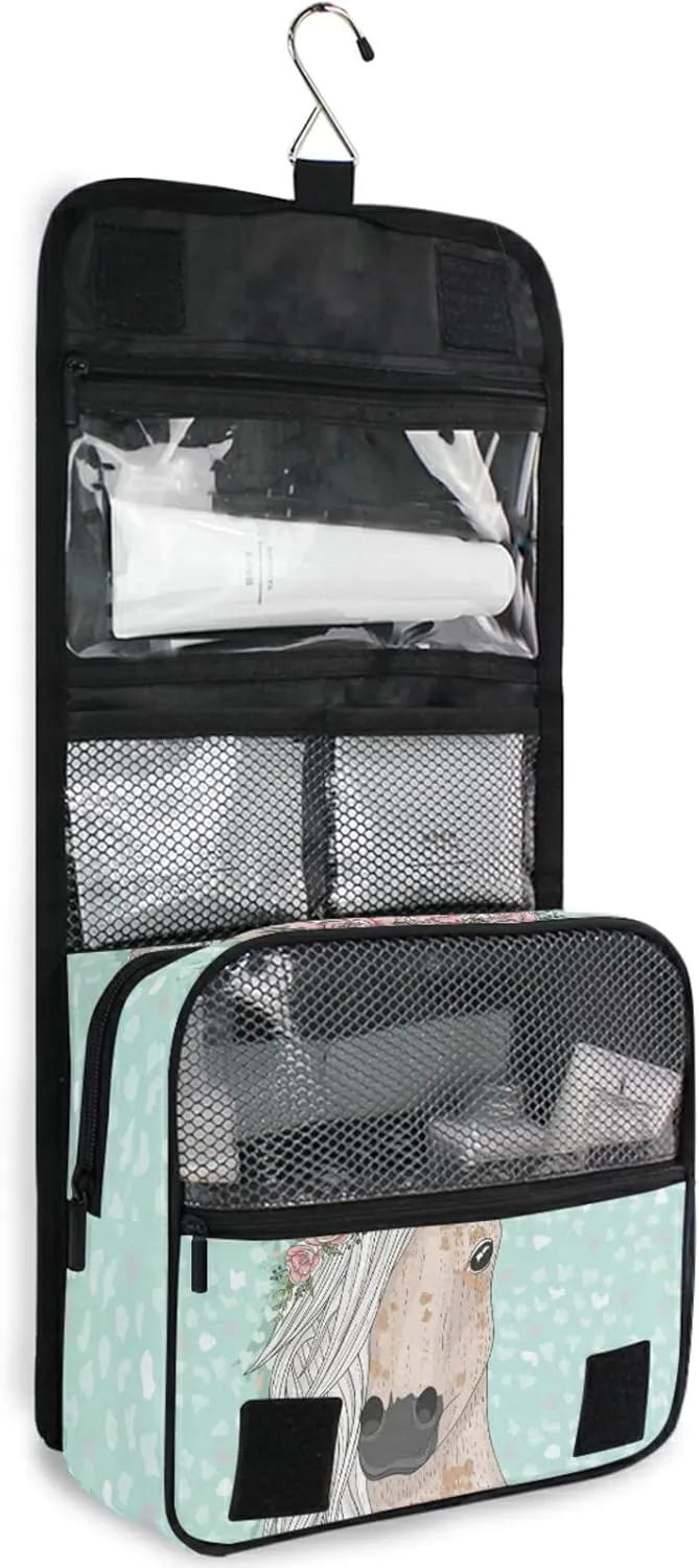 Custom Cute Horse Flowers Travel Hanging Toiletry Bag Personalized Makeup Large Customized Cosmetic Bag Cosmetic Holder Waterproof for Brushes Set Full-Sized Accessories