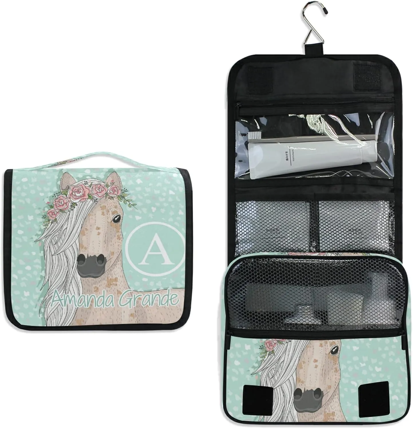 Custom Cute Horse Flowers Travel Hanging Toiletry Bag Personalized Makeup Large Customized Cosmetic Bag Cosmetic Holder Waterproof for Brushes Set Full-Sized Accessories
