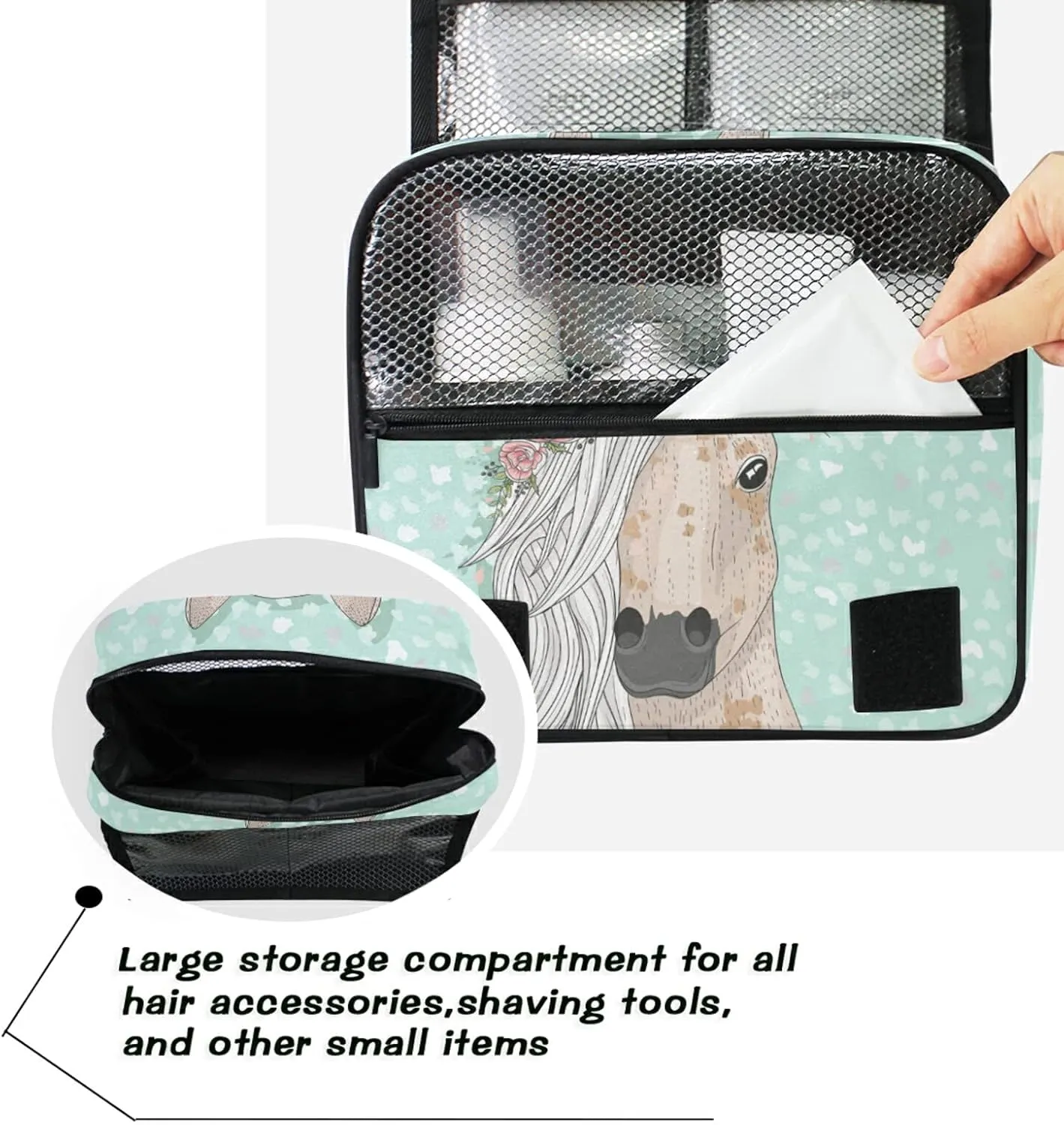 Custom Cute Horse Flowers Travel Hanging Toiletry Bag Personalized Makeup Large Customized Cosmetic Bag Cosmetic Holder Waterproof for Brushes Set Full-Sized Accessories
