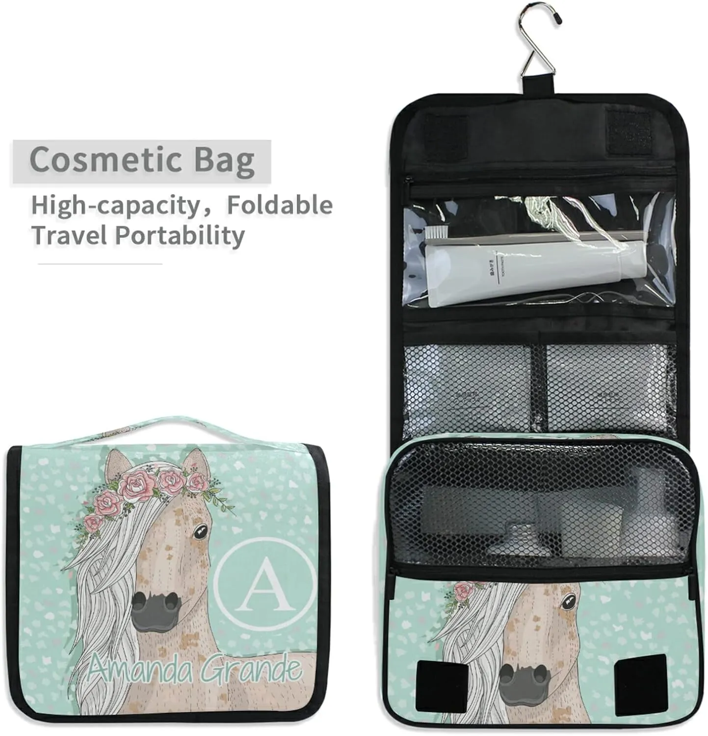 Custom Cute Horse Flowers Travel Hanging Toiletry Bag Personalized Makeup Large Customized Cosmetic Bag Cosmetic Holder Waterproof for Brushes Set Full-Sized Accessories
