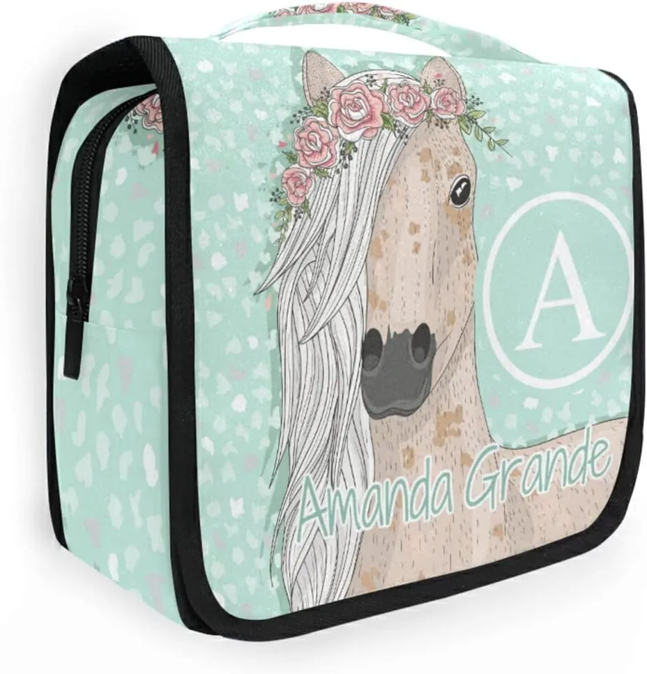 Custom Cute Horse Flowers Travel Hanging Toiletry Bag Personalized Makeup Large Customized Cosmetic Bag Cosmetic Holder Waterproof for Brushes Set Full-Sized Accessories