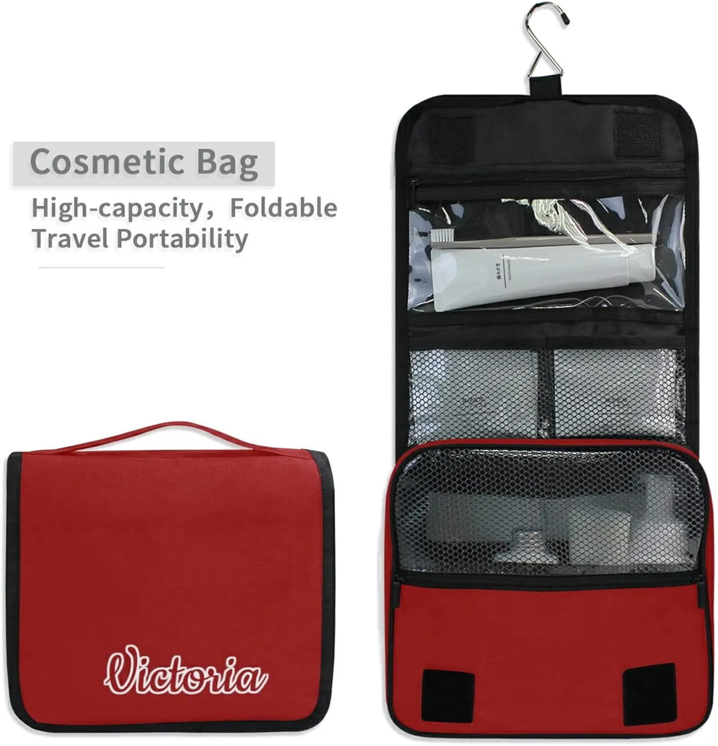 Custom Red Travel Hanging Toiletry Bag Personalized Makeup Large Customized Cosmetic Bag Makeup Organizer Bag Waterproof for Full Sized Container Toiletries