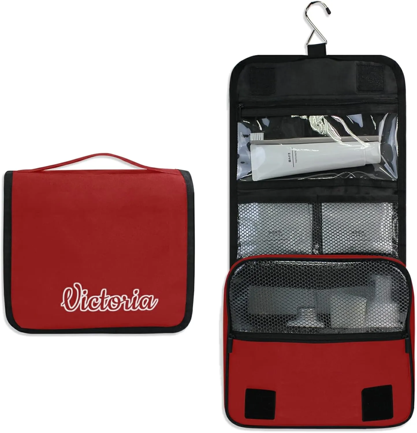 Custom Red Travel Hanging Toiletry Bag Personalized Makeup Large Customized Cosmetic Bag Makeup Organizer Bag Waterproof for Full Sized Container Toiletries