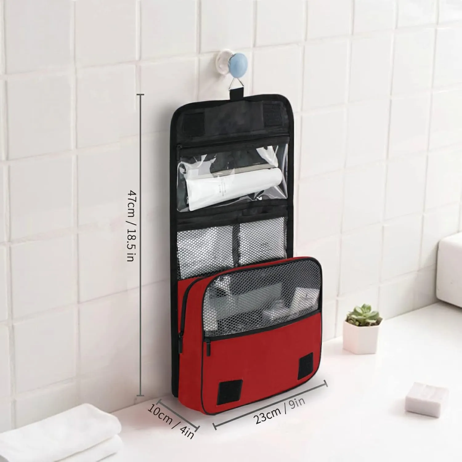 Custom Red Travel Hanging Toiletry Bag Personalized Makeup Large Customized Cosmetic Bag Makeup Organizer Bag Waterproof for Full Sized Container Toiletries