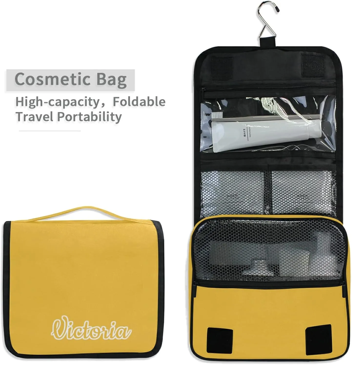 Custom Yellow Travel Hanging Toiletry Bag Personalized Makeup Large Customized Cosmetic Bag Cosmetic Holder Waterproof for Women Girl Toiletries Cosmetics