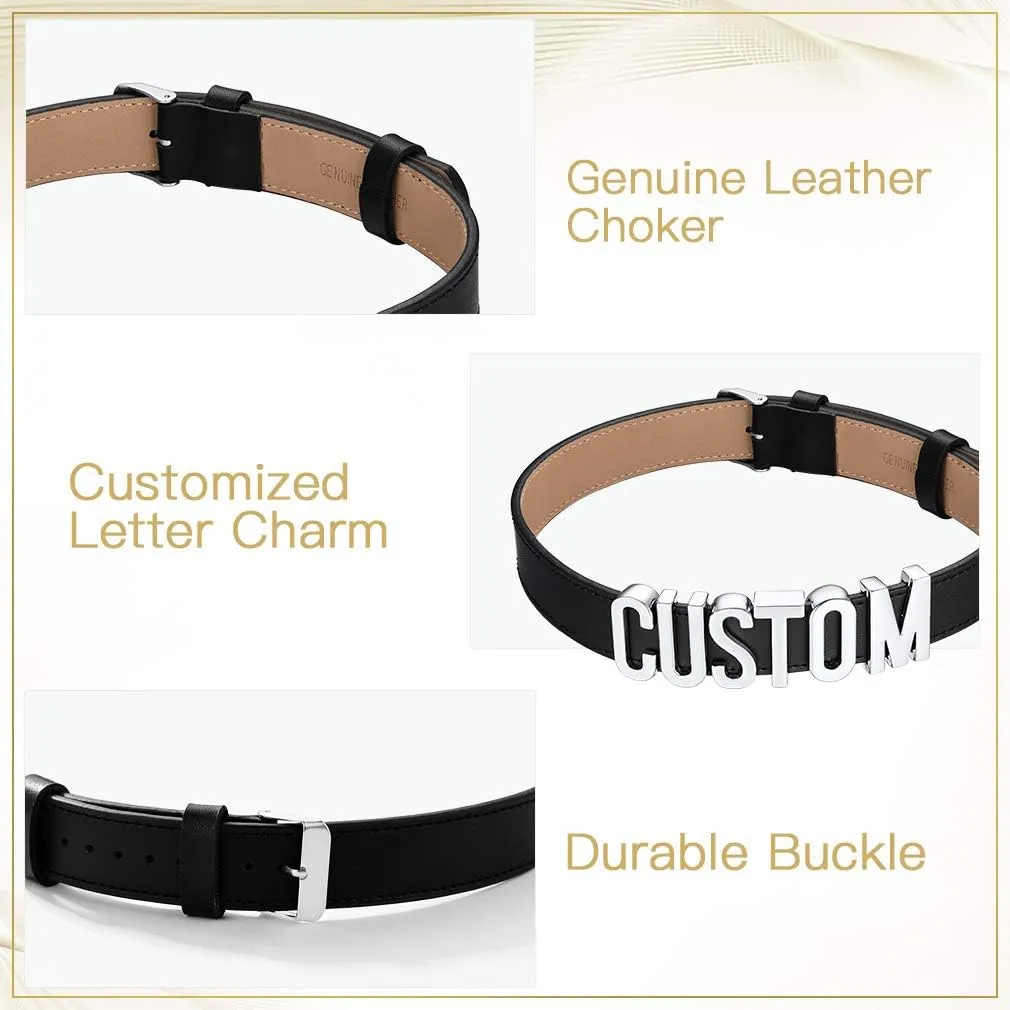 Custom4U Personalized Black Leather Choker Necklace with Picture/Name/Initials/Letters Charm,Custom Made Adjustable Choker Collar Gothic Punk Necklaces Jewelry Gifts for Women