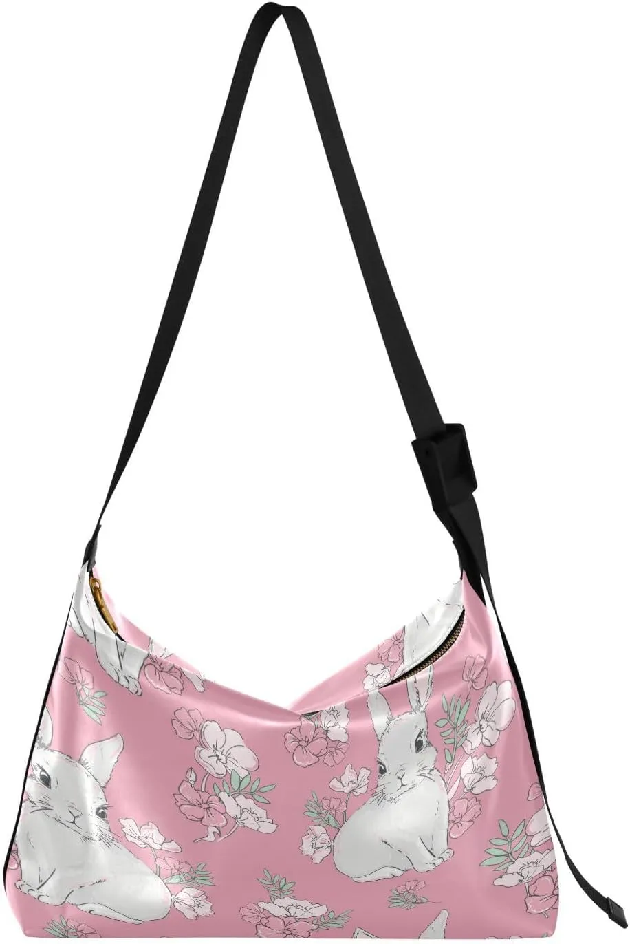Cute Rabbits and Flower Hobo Crossbody Bags for Women Leather Large Shoulder Bag Cross Body Pink Trendy Womens Tote Bags Handbag for Travel Shopping