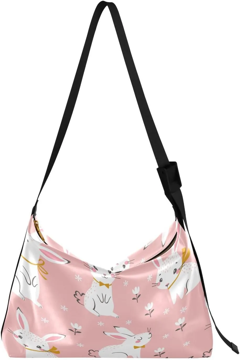 Cute White Rabbits Floral Hobo Crossbody Bags for Women Leather Large Shoulder Bag Cross Body Trendy Womens Tote Bags Handbag for Travel Shopping